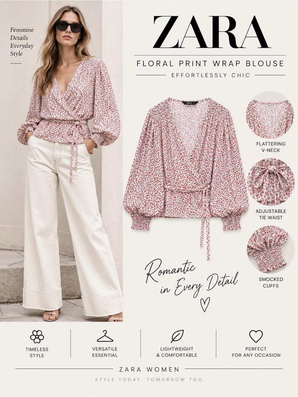 Zara Floral Print Wrap Blouse NWT Sizes S L V Neck Tie Waist Top